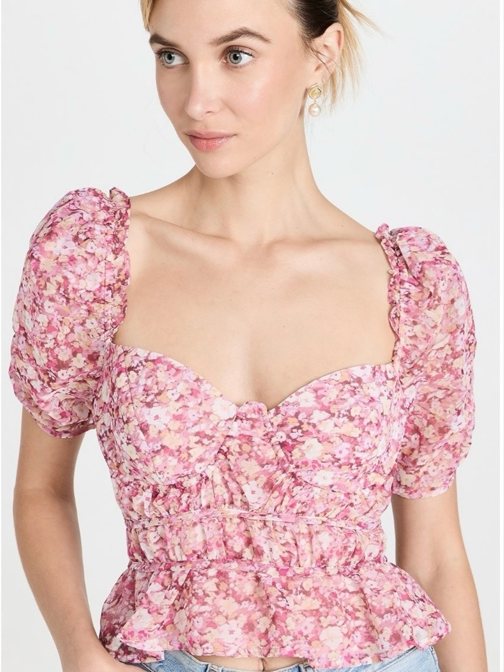 Astr Pink Floral Puff-Sleeve Sweetheart Peplum Top
